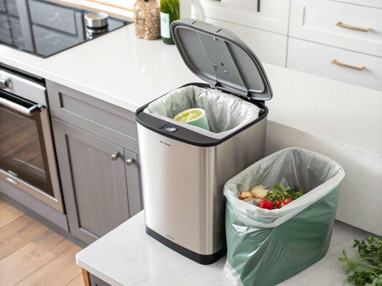complete kitchen trash can with compostable bag